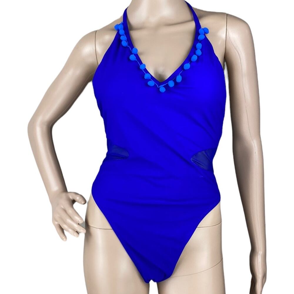 New Adreamly Women Blue V-Neck Pompom Trim Halter One Piece Swimsuit Size L